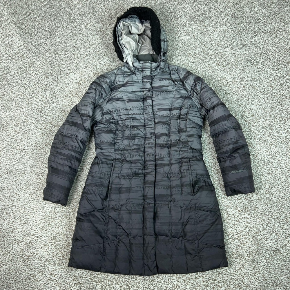 Eddie Bauer Coat Womens L Gray‎ Striped Down Puffer Hooded Long Winter Parka